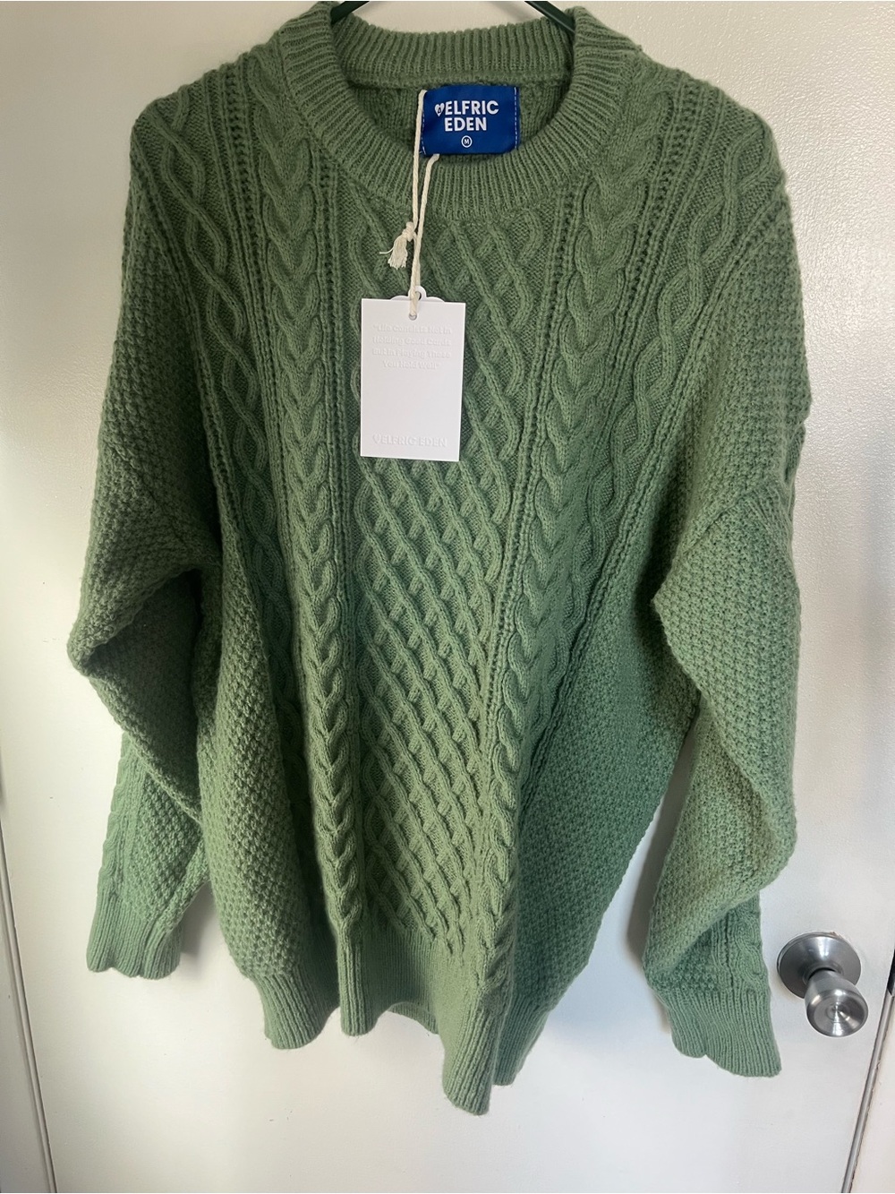 Aelfric Eden Olive Green Cable-Knit Crewneck Sweater